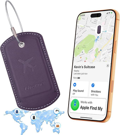 Luggage Tag with Tracker (iOS Only), Premium PU Leather Luggage Tags for Suitcase, Privacy Cover & ID Card Slot, Stainless Loop for Travel Bags, Backpack, Pet Carrier, Ideal Gadgets (Purple)