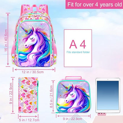 WZLVO 3PCS Kids Backpack for Girls, Unicorn Dinosaur Animal Prechool Elementary Kindergarten School Bookbag with Lunch Box