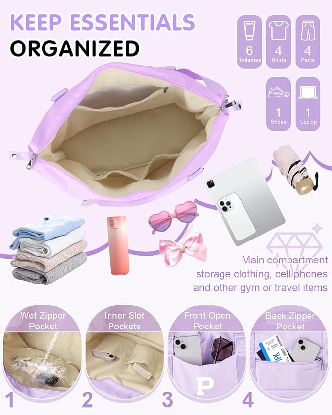 Daughter Niece Gifts for Teen Girl Kids, Initial Travel Duffel Bag Sports Gym Bag Personalized Gifts Weekender Bag，Monogram Overnight Bag Cute Dance Bag Birthday Bridesmaid Gifts for Women(Purple, P)