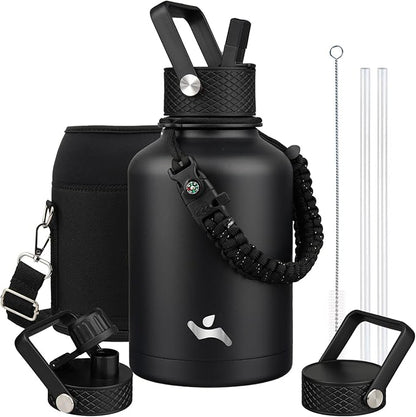 Insulated Water Bottle with Straw,50 oz 3 Lids Water Jug with Carrying Bag,Paracord Handle,Double Wall Vacuum Stainless Steel Metal Flask,Black