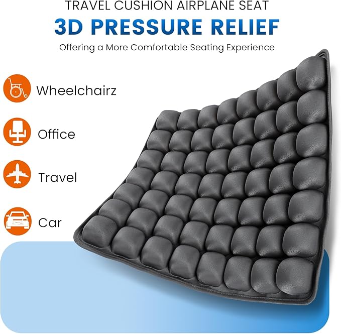 Travel Cushion, Travel Seat Cushion for Airplane, 56 Bubbles Portable Car Seat Cushions for Long Flhts Office Chair, Wheelchair, Camping, Home Living (Grey)