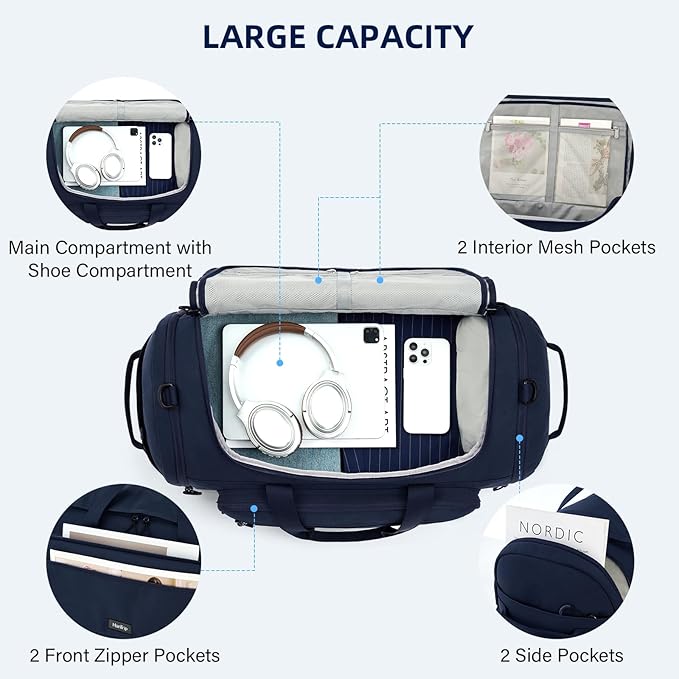 Large Travel Duffle Gym Bag with Shoe Compartment, Underseat Carry On Luggage Overnight Weekender Personal Item Workout Bags for Women Men (Navy Blue)