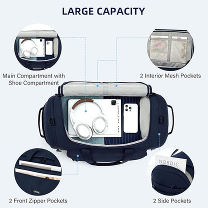 Large Travel Duffle Gym Bag with Shoe Compartment, Underseat Carry On Luggage Overnight Weekender Personal Item Workout Bags for Women Men (Navy Blue)