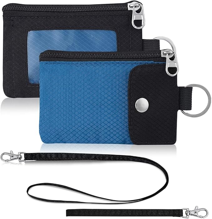 Minimalist Wallet For Mens Womens, Keychain RFID Blocking Zipper Small Wallet with ID Window 2 Lanyards,Water Resistant Travel Cash Card Coin Case Boys Girls