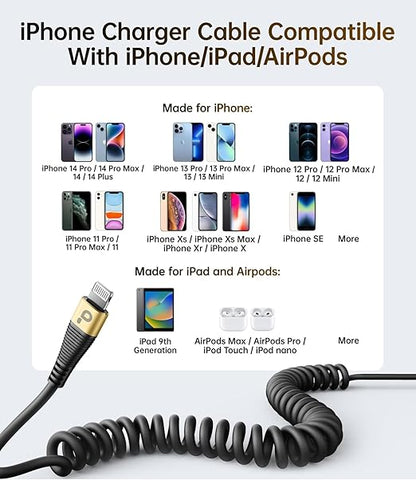 iPhone Charger Cable for Car (3FT/5FT), 2Pack Coiled Lightning Cable, [Apple MFi Certified] Short Charging Cord Compatible with iPhone 14/13/12/11 Pro Max/XS MAX/XR/XS/8/iPad/iPod/CarPlay-Gold