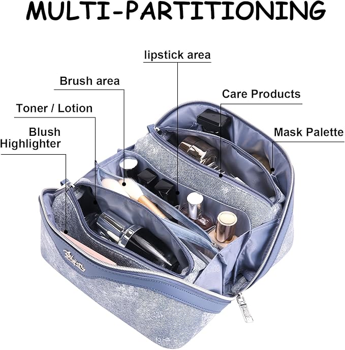 BOYATU Travel Makeup Bag Cosmetic Bags for Women: 3 Sets Large Capacity Make up Bag - Portable Toiletry Bags with Handle for Women(F-1-Blue)