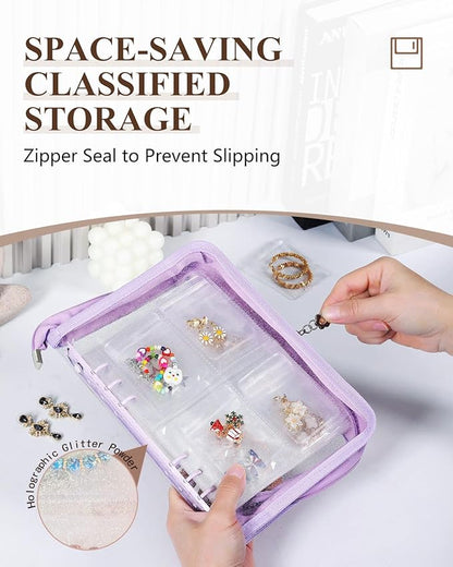 AOLEIXIYA Jewelry Organizer Book Clear Travel earring book organizer Transparent Jewelry Book with Zipper Pouch Bags (Purple,With 80 PCS Small Jewelry Bags)