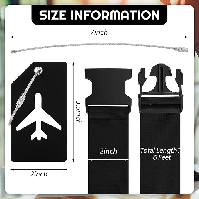Weewooday 8 Pcs Luggage Straps Suitcase Tags Set for TSA Approved, 4 Travel Adjustable Suitcase Belt, 4 Silicone Luggage Tags with Name ID Card Travel Accessories(Black,Airplane)