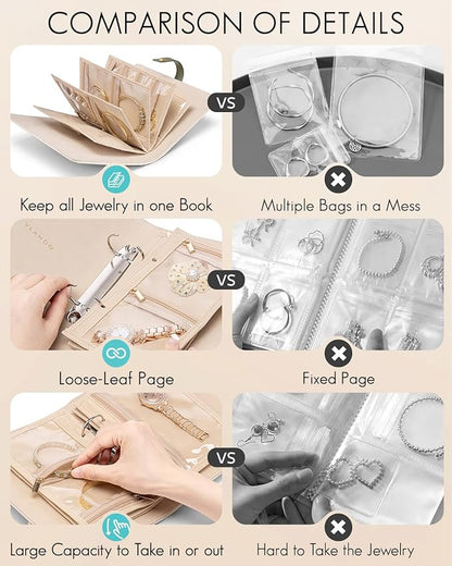 Vlando Travel Jewelry Organizer Case,Mom Gifts from Daughter,Jewelry Storage Book Ring Binder with Clear Zipper Velvet Jewelry Pouch Bag,Travel Essentials for Rings,Necklace,Earrings-Olive Green