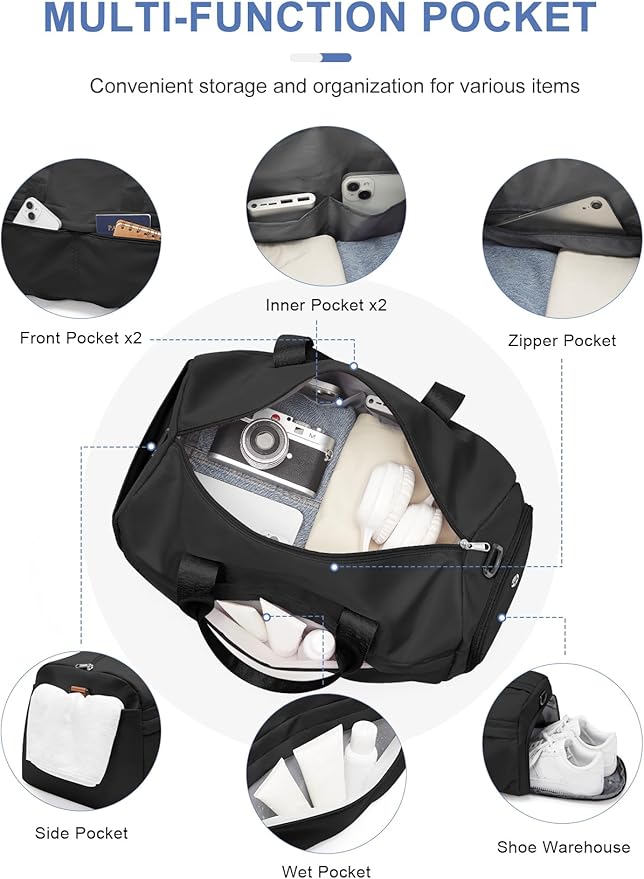 Gym Bag for Women Men, Sport Duffel Bag with Toiletry Bag & Shoe Compartment,Waterproof Travel Weekender Overnight Carry on Bag for Yoga with Trolley Sleeve, Black Set