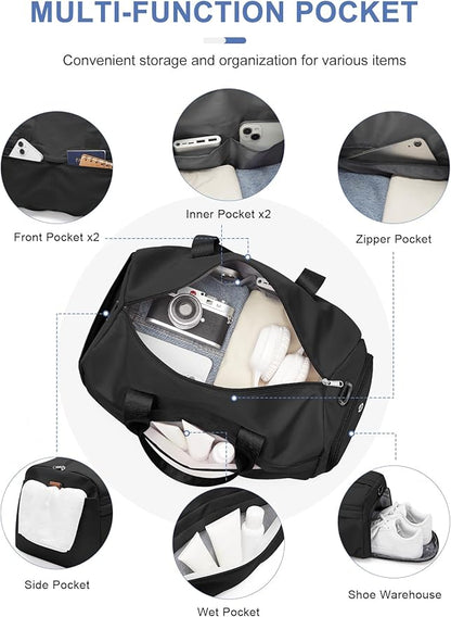 Gym Bag for Women Men, Sport Duffel Bag with Toiletry Bag & Shoe Compartment,Waterproof Travel Weekender Overnight Carry on Bag for Yoga with Trolley Sleeve, Black Set