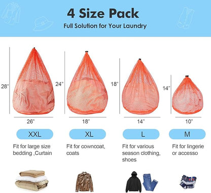4Pcs Mesh Laundry Bags Washing Machine Mesh Wash Bags for Clothes,Underwear,Lingerie, Bed Linen with Drawstring Closure Sturdy(4 Size, Orange)