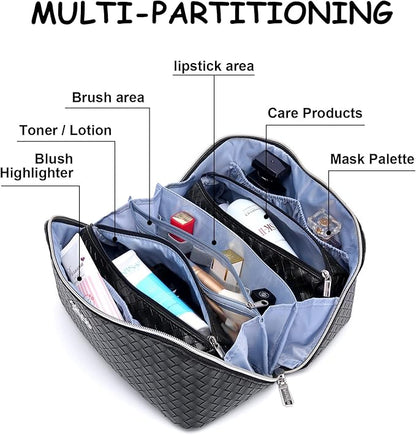 BOYATU Travel Makeup Bags for Women: Large Cosmetic Bag - PU Leather Make up Bag Set of 3 - Compact Toiletry Organizer with Compartments (L03 Black)