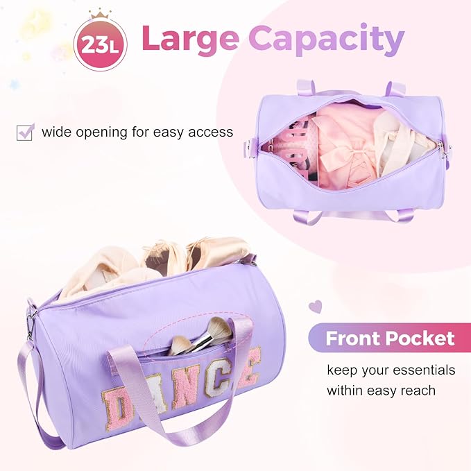 Dance Bag for Girls, KUIRAN 23L Waterproof Travel Duffel Bag with Colorful Chenille Letter, Lightweight Small Gym Sport Ballet Weekender Bag with Large Main Compartment - Purple