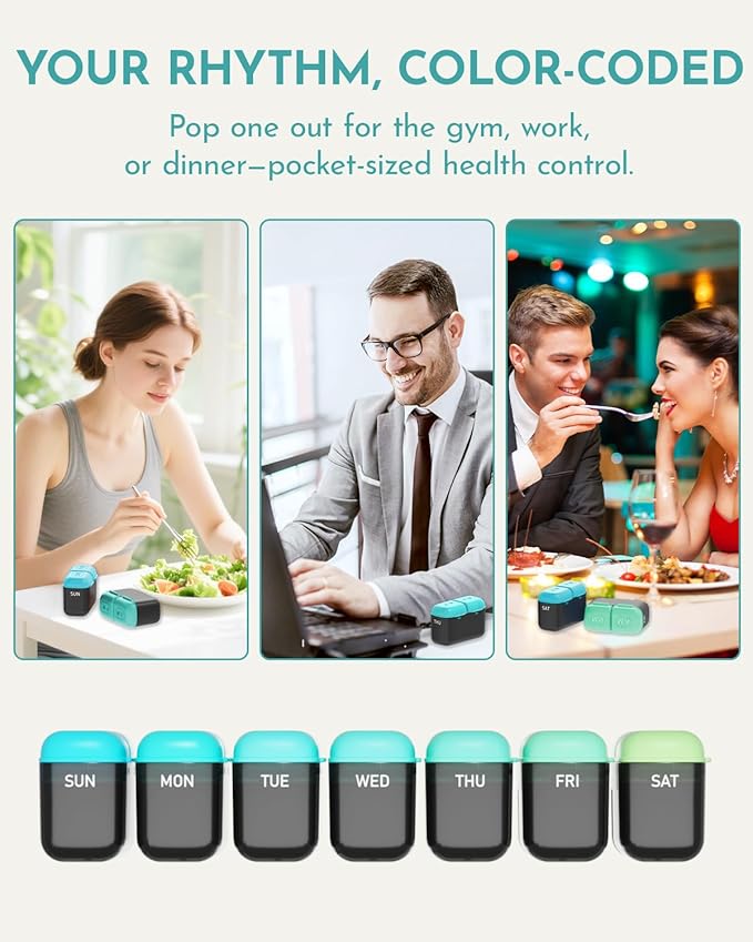 Weekly Pill Organizer 2 Times a Day, 7 Day Travel Medicine Pill Organizer with Moisture-Proof Silicone Lid, AM PM Daily Pill Bottle for Vitamins & Supplements, Pocket-Size Pill Case(Green)