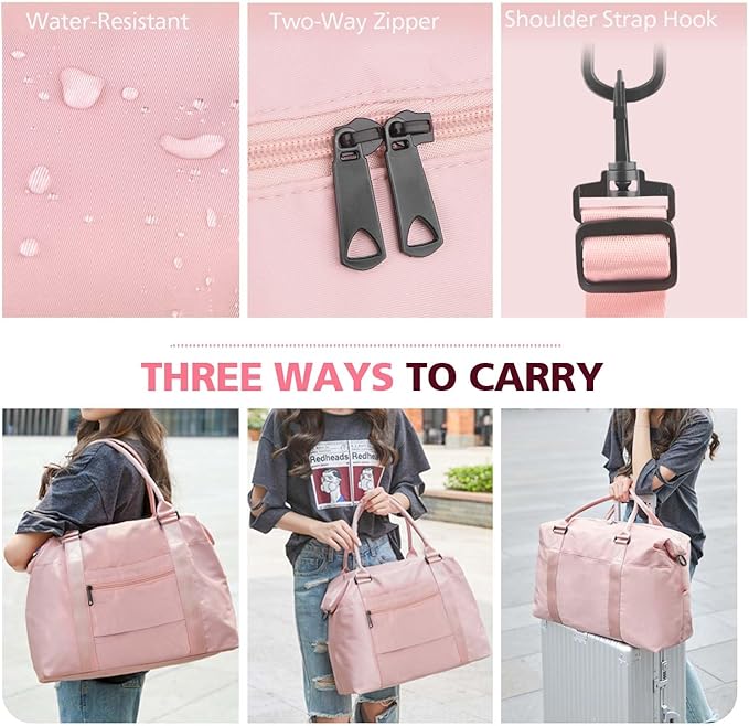 TOPBAG Travel Duffle Bag, Waterproof Weekender Carry On Tote Bags for Women, Sport Gym Bag for Men, Hospital Bag for Labor and Delivery, Overnight Luggage Bag with Trolley Sleeve Coral Pink