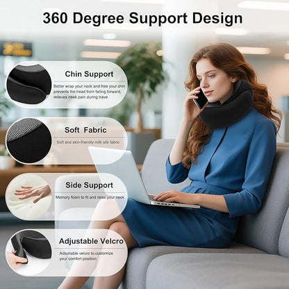 Travel Pillow for Airplane, Neck Pillow 100% Memory Foam with Comfortable Support for Long Flights, Cars, Trains Office & Home with Storage Box(Black)