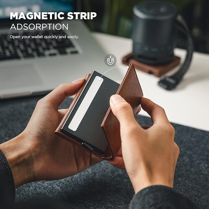 VULKIT Pop up Card Wallet Minimalist Cash Wallets RFID Blocking Leather Smart Credit Card Holder with ID window for Men(Brown)