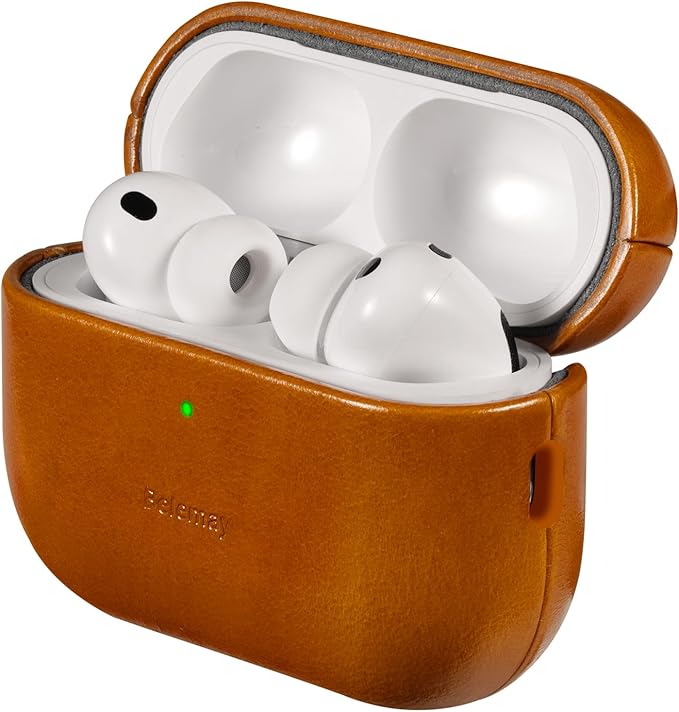 Belemay Handcrafted Oil-Waxed Leather Case for AirPods Pro 3rd Gen (2025), Genuine Cowhide, Smooth Glossy Lively Two-Tone Patina, Compatible with MagSafe, Compatible with Airpods Pro 3, Amber Brown