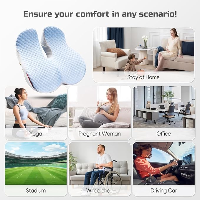 Seat Cushion for Tailbone Pain Relief X-Large ,Ergonomic Office Chair Cushions for Butt Hip Lower Back & Sciatica Pain Relief Pillow,Pressure Relief Seat Cushion for Long Sitting, Car & Plane（Blue)