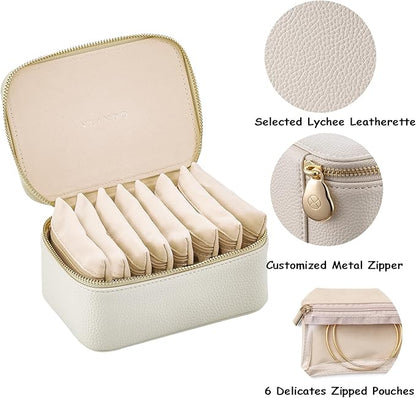 Vlando Travel Jewelry Box Organizer - 8 Small Velvet Zipped Pouches Pockets for Jewelries Necklaces Rings Earrings Sorting Storage, Offwhite