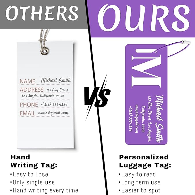 4 PCS Personalized Luggage Tags for Suitcase, Custom Engraved Aluminum Luggage Tags with Your Personalized Text Logo, Metal Name Tags with Steel Loop for Bag, Suitcase, Backpack (Purple, Small)
