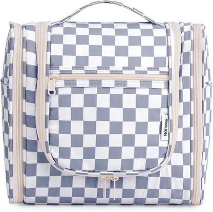 Narwey Checked Hanging Travel Toiletry Bag for Women, Travel Bag for Toiletries, Makeup Bag Organizer Cosmetic Bags Make Up Bags for Women (Grayish Blue Checkerboard)