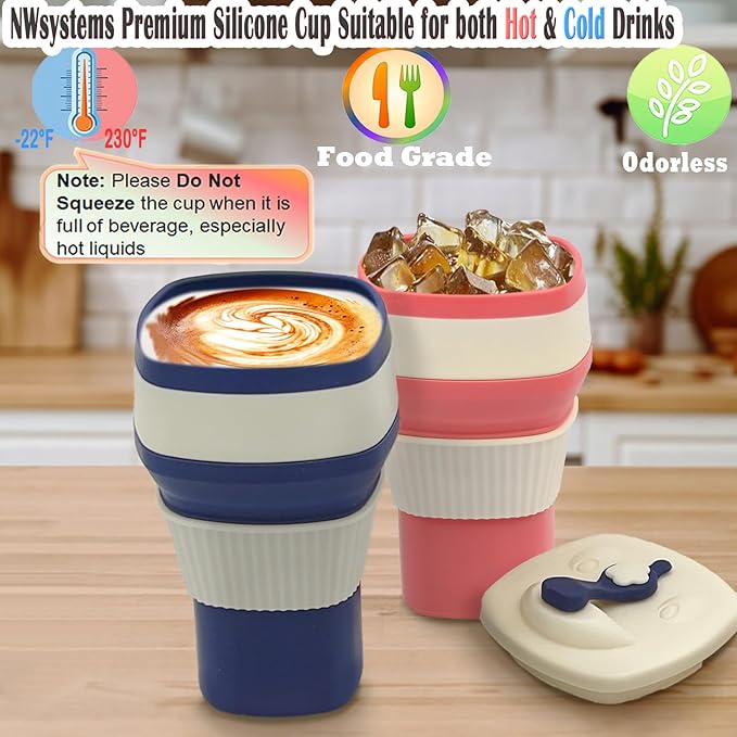 Collapsible Silicone Cup, Safe & Portable, for Hot & Cold Drinks, 18.6 oz (550 ml) - Travel, Camping, Office, and More – Navy Blue