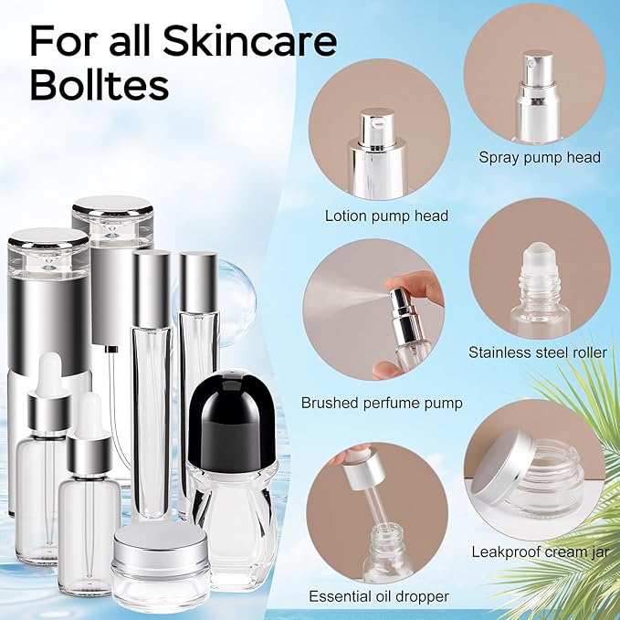 34 Piece Glass Travel Bottles for Toiletries TSA Approved Mini Makeup Containers with Toiletry Bag Refillable BPA Free Skincare Container Leak Proof for Serums, Moisturizers, Toners, Cream