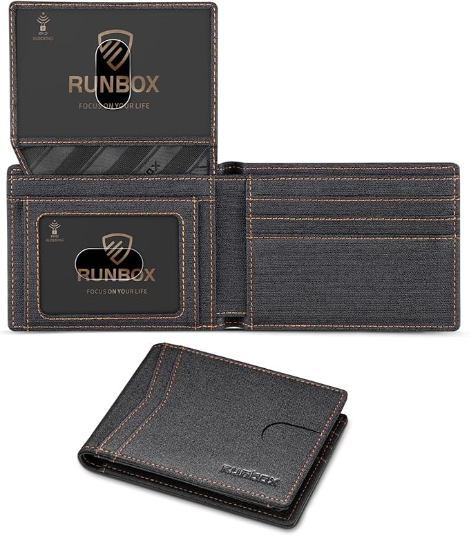 RUNBOX Wallet for Men Slim Rfid Leather 2 ID Window With Gift Box
