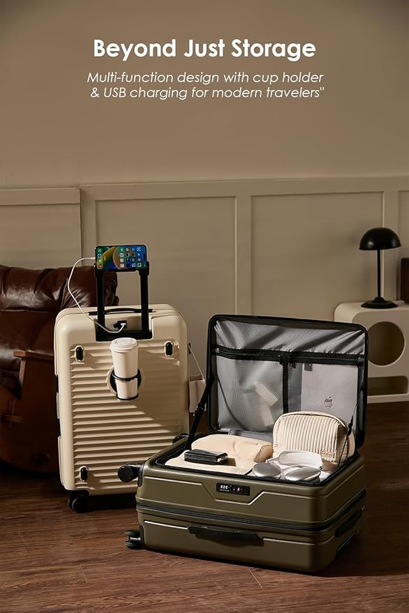 HotWay 28 Inch Expandable Front Opening Checked Luggage with Cup Phone Holder and USB Port, Lightweight Hardshell Suitcase with Wheels and TSA Aproved Locks