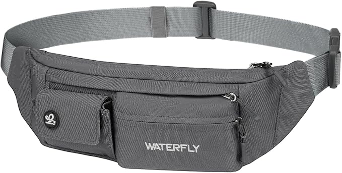WATERFLY Small Crossbody Fanny Pack: 5 Pocket Slim Lightweight Waist Belt Hip Bag for Women Men Water Resistant Chest Pouch for Travel Hiking Running Walking Fit All Phones - Gray
