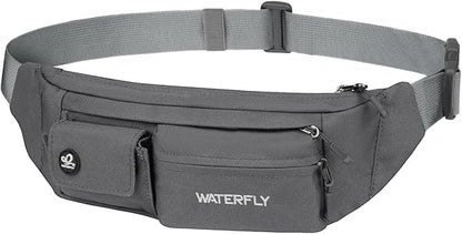 WATERFLY Small Crossbody Fanny Pack: 5 Pocket Slim Lightweight Waist Belt Hip Bag for Women Men Water Resistant Chest Pouch for Travel Hiking Running Walking Fit All Phones - Gray