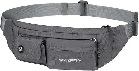 WATERFLY Small Crossbody Fanny Pack: 5 Pocket Slim Lightweight Waist Belt Hip Bag for Women Men Water Resistant Chest Pouch for Travel Hiking Running Walking Fit All Phones - Gray
