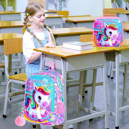 WZLVO 3PCS Kids Backpack for Girls, 16'' Girls Unicorn Backpacks with Lunch Box, Cute Animal Water Resistant School Bag Set for Elementary Kindergarten Toddler