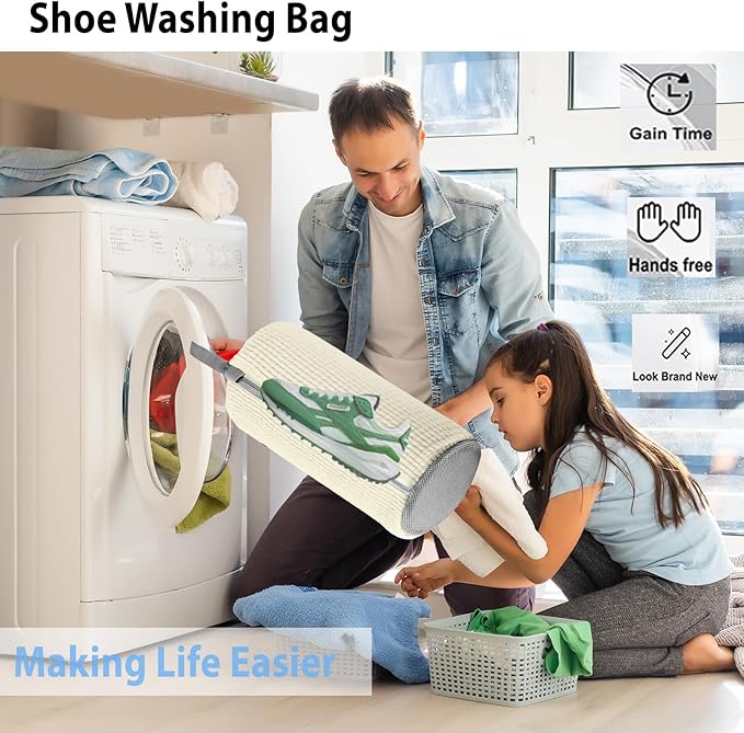 2Pcs Shoe Washing Machine Bag, Durable Laundry Shoe Bag for Washing Machine, Fluffy Fibers 360° Cleaning, Includes Liquid Shoe Brush & Travel Dust Bag, Ideal for Sneakers & Gym Shoes (White)