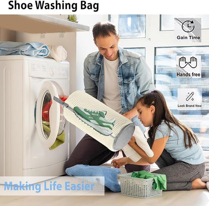 2Pcs Shoe Washing Machine Bag, Durable Laundry Shoe Bag for Washing Machine, Fluffy Fibers 360° Cleaning, Includes Liquid Shoe Brush & Travel Dust Bag, Ideal for Sneakers & Gym Shoes (White)