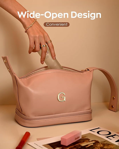 Wedding Gift-Travel Essentials, Presents for Women Makeup Bag with Handle, Initial Cosmetic Bag with Makeup Brush Organizer, PU Leather Travel Toiletry Bag, Gifts for Friends Female Mom