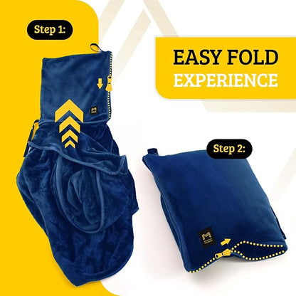 Travel Blanket Airplane Compact with Hoodie – 2in1 Airplane Travel Accessories from Plane Blanket to Travel Pillow with Luggage Strap, Soft Handle & Secure Pocket (Navy Blue, 62x41'')