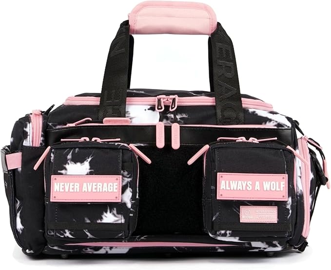 WOLFpak 20L Mini Duffle Bag for Gym & Travel | Waterproof Carry-On Weekender Bag with Shoe Compartment, Hard Bottom, and Tactical Molle System (Black Lightning Knockout Pink)