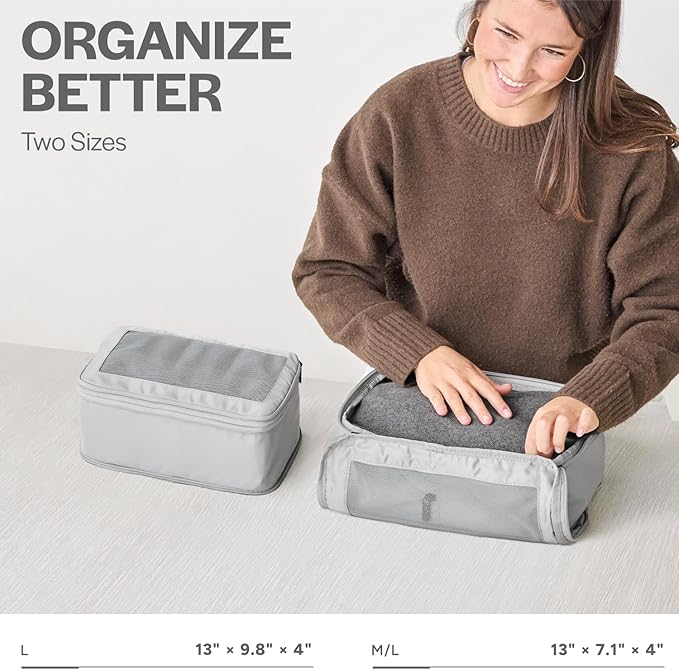 Aerotrunk Compression Packing Cubes for Travel - Luggage Organizer Bags - Double Zipper Packing Cubes for Suitcases (2-Pack, Light Grey)