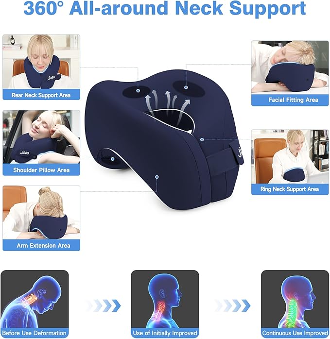 jiaao Neck Pillow Airplane, Memory Foam Travel Neck Pillows for Long Flight, 3D Eye Masks, Ear Plugs and Portable Drawstring Bag, Napping Pillow for Home, Road Trips, Sleep Rest and Travel Use