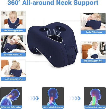 jiaao Neck Pillow Airplane, Memory Foam Travel Neck Pillows for Long Flight, 3D Eye Masks, Ear Plugs and Portable Drawstring Bag, Napping Pillow for Home, Road Trips, Sleep Rest and Travel Use