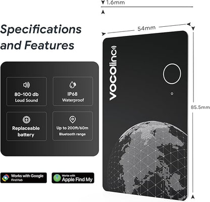 VOCOlinc Dual System Air Card Tag Pro 1 Pack, Rechargeable Wallet Tracker Item Finder Work with Android Google Find Hub or iOS Apple Find My APP (Huawei not Supported), Smart Locator for Luggage, Bags