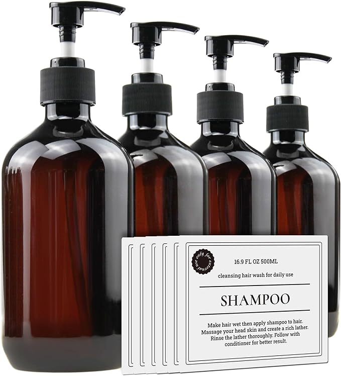 Empty Plastic Bottles with Pump Dispenser and Labels Included, Refillable Travel Containers for Hand sanitizer Shampoo Lotion, etc - No BPA/Parabenf, 500ml/16.9oz (Amber, 4 Pack)
