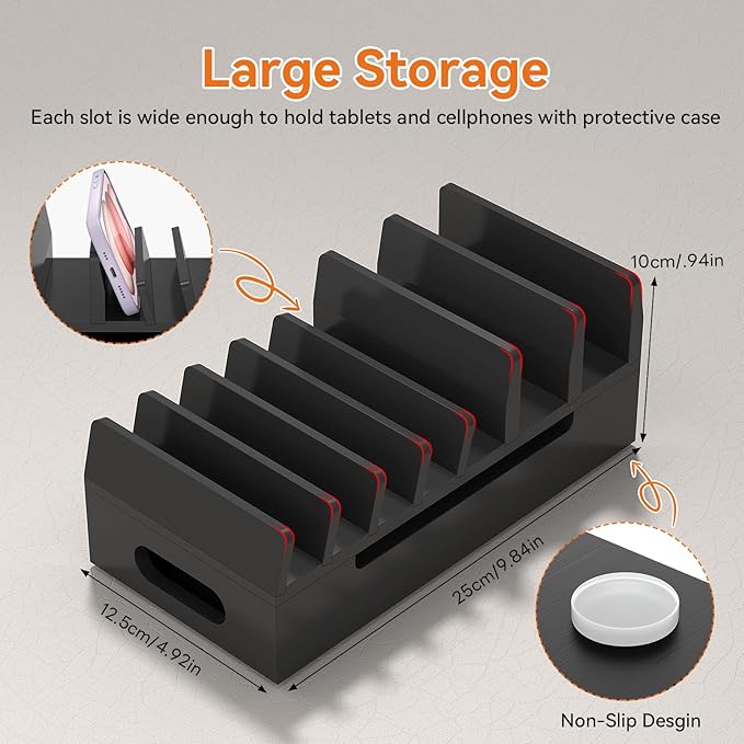 Pezin & Hulin Bamboo Charging Station with Watch Stand, Docking Holder for Multi Device with 5 Port USB Charger HUB, 5 Charge Cables, Desktop Electronic Organizer for Cellphone, Tablet, Watch-Black