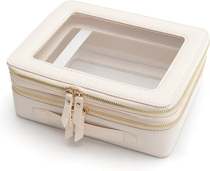 Aveniee Clear Makeup Bags, Double Layer Cosmetic Case with Separate Brush Compartment, Large Toiletry Organizer for Women, Travel Accessories Holder(2 Layers Large, White)