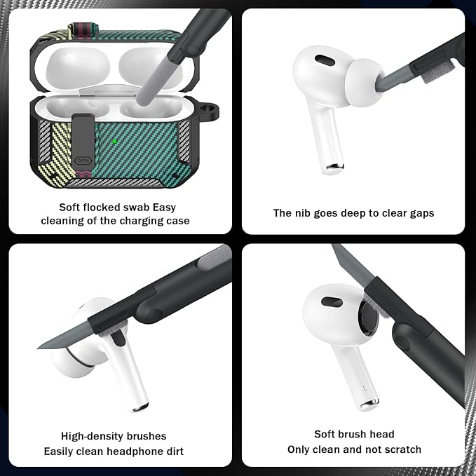 RFUNGUANGO for AirPods Pro 2nd Gen Case with Cleaning Kit, Military Hard Case Protective Armor with Lock, for AirPod Gen 2 Charging Case (2023/2022/2019, 2nd Gen/1st Gen), Carbon Fiber Green