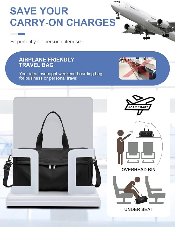 Gym Bag for Women Men, Sport Duffel Bag with Toiletry Bag & Shoe Compartment,Waterproof Travel Weekender Overnight Carry on Bag for Yoga with Trolley Sleeve, Black Set