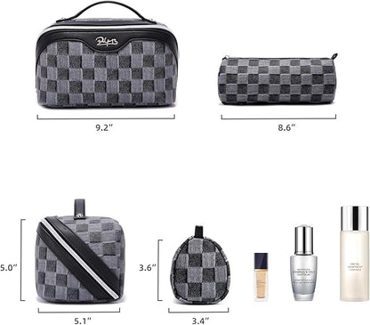 BOYATU Travel Makeup Bag for Women: Large Cosmetic Bag Set of 3 - PU Leather Make up Bag with Compartments - Compact Waterproof Toiletry Bag with Divider & Handle (D-2-Black)